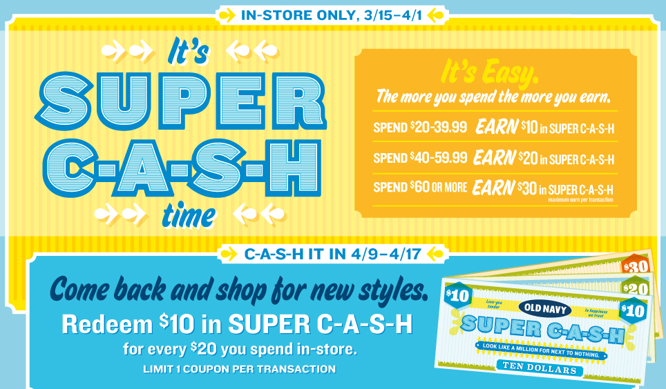 Old Navy 10 In Super Cash For Every 20 Spent InStore Through 4/1!