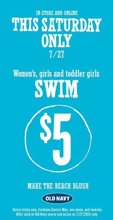 Old Navy 5 Swim Sale: In-Stores and Online Saturday, 727!